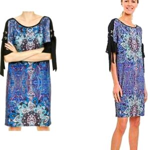 NWT Desigual Multicolor Patterned Dress Mandala Print Ribbon Ties Gemstones Sz L